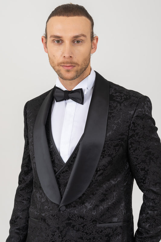 Classic black suit showcasing Italian tailoring.