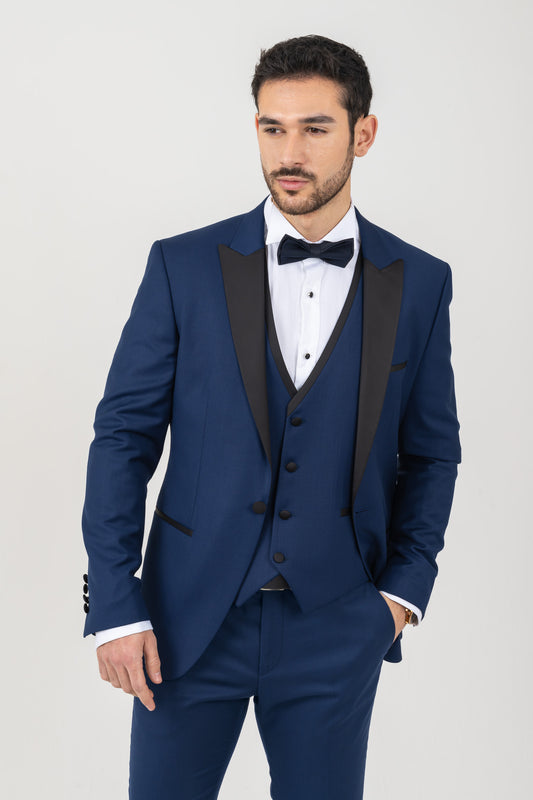 Blue Tuxedo Suit Featuring a Black Satin Lapel and 4 Piece Set
