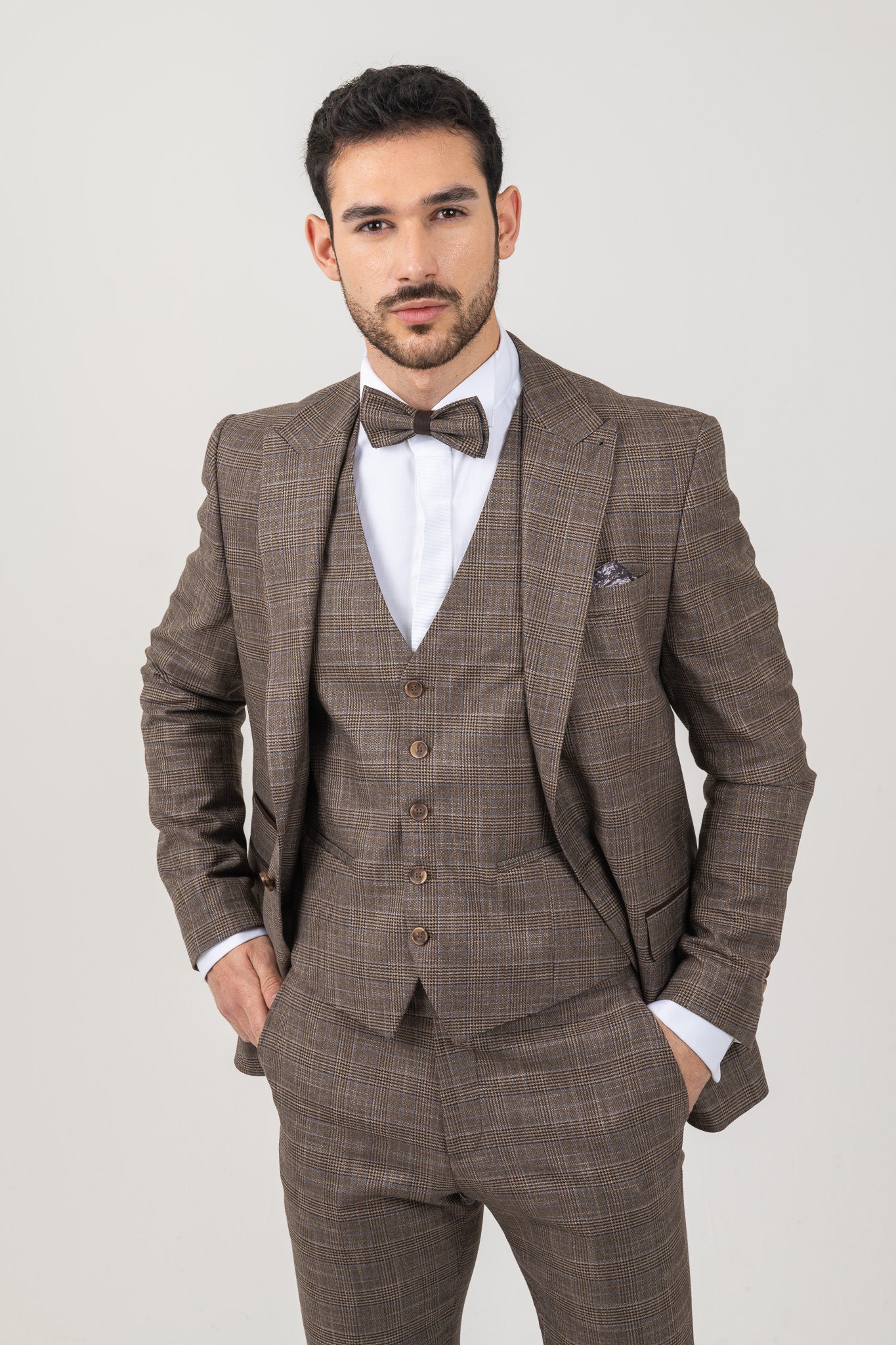 Formal Dark Brown Checked Suit for Weddings and Special Occasions