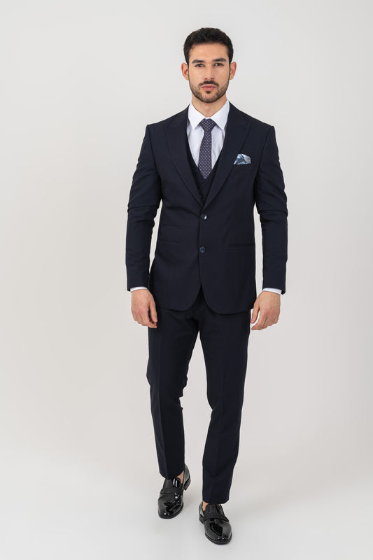 Classic Double Button Closure on a Men's Navy 4 Piece Tuxedo