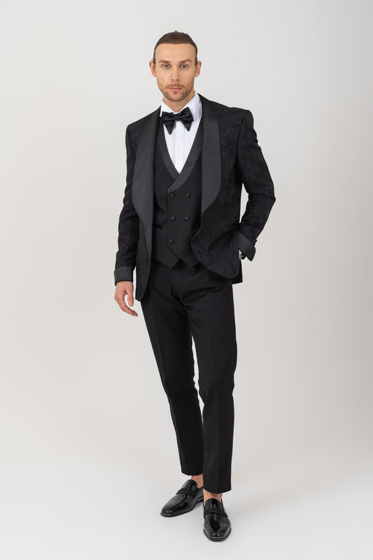 Stylish black suit ideal for formal gatherings