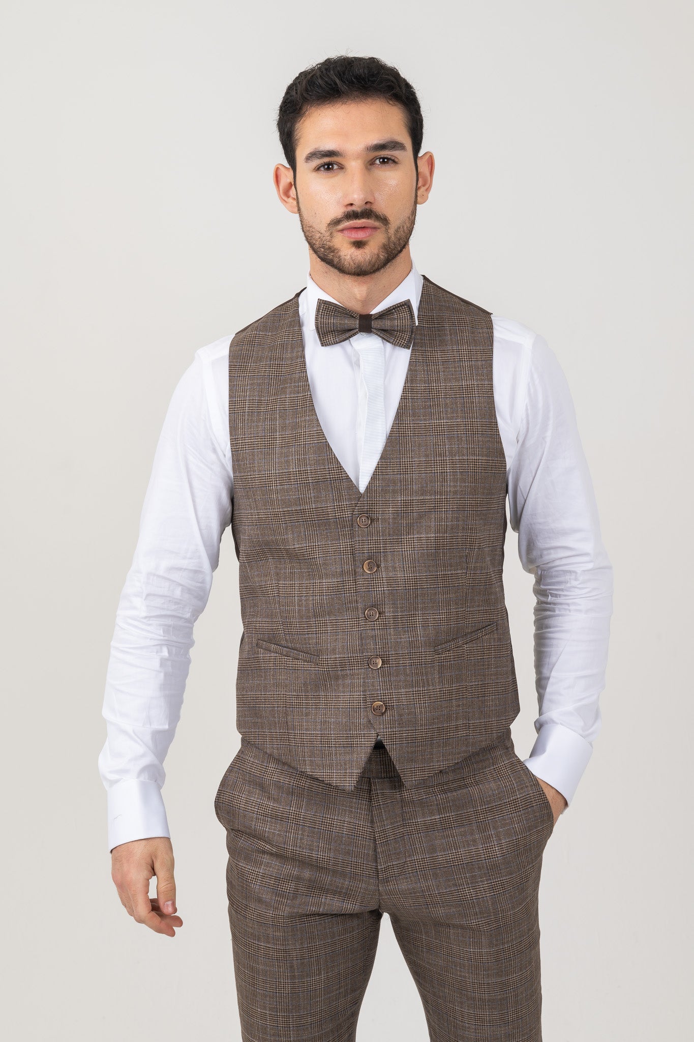 Stylish Check Pattern on a Mens Dark Brown Tweed 4 Piece Suit