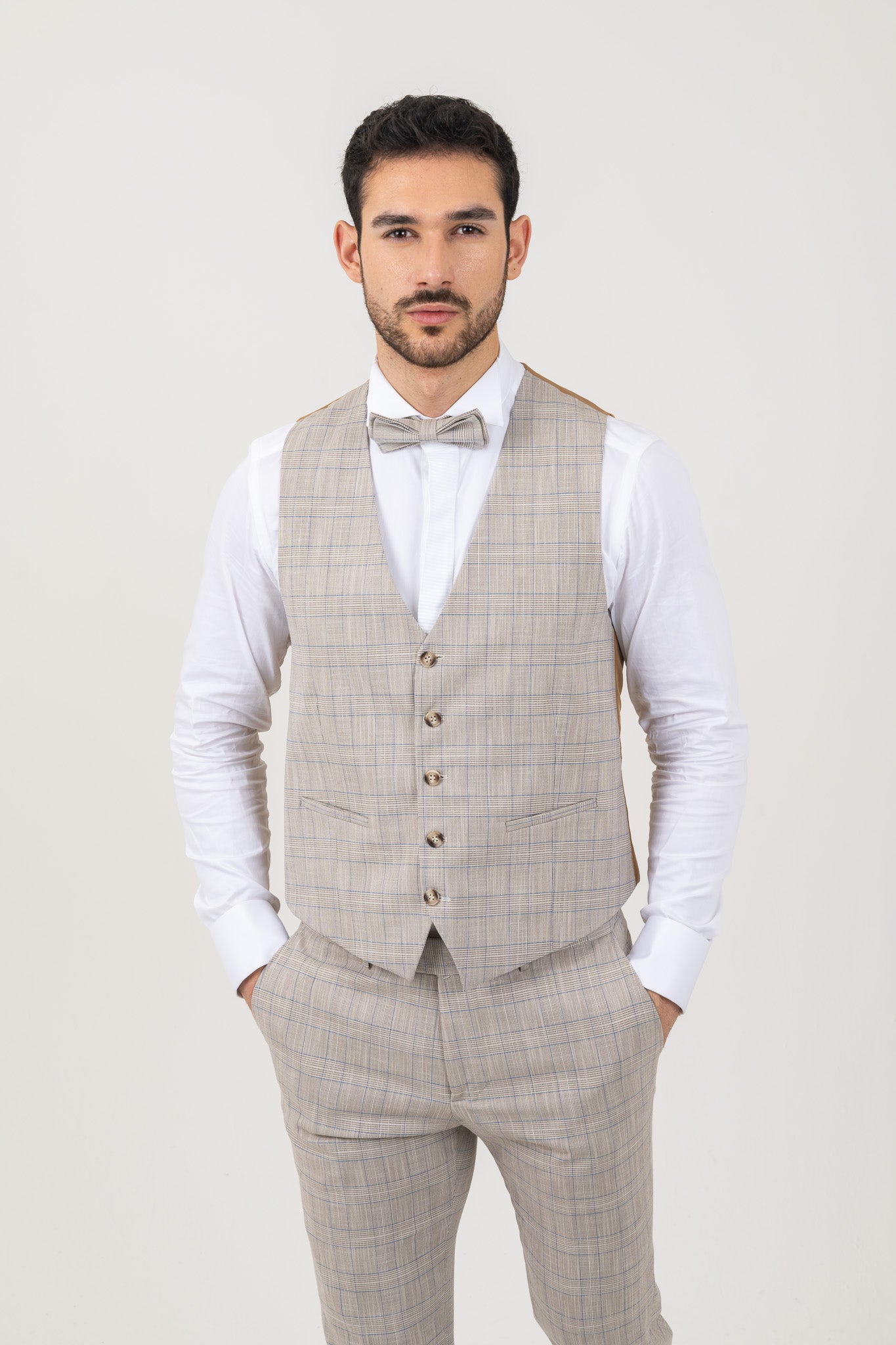 Formal light beige checked suit for weddings and special occasions