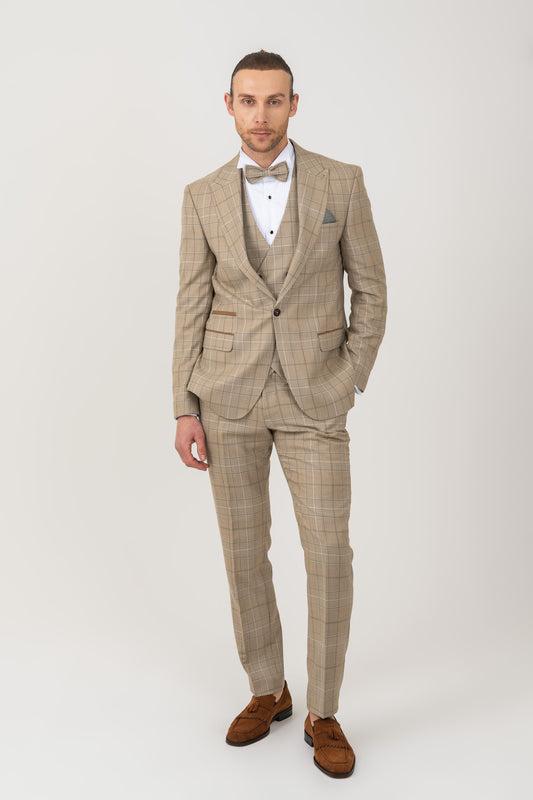Stylish tweed check pattern on a men's light beige suit