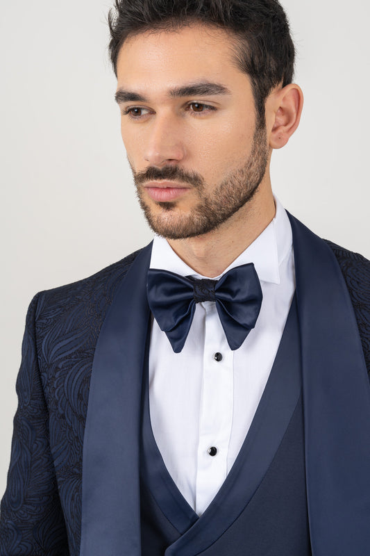 Sophisticated navy wedding tuxedo suit with wide shawl lapel and patterned print