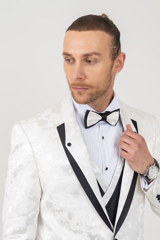 Stylish removable mono lapel on a white tuxedo suit