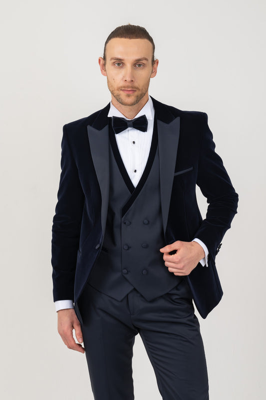 Satin lapel and coordinating trousers for a polished ensemble