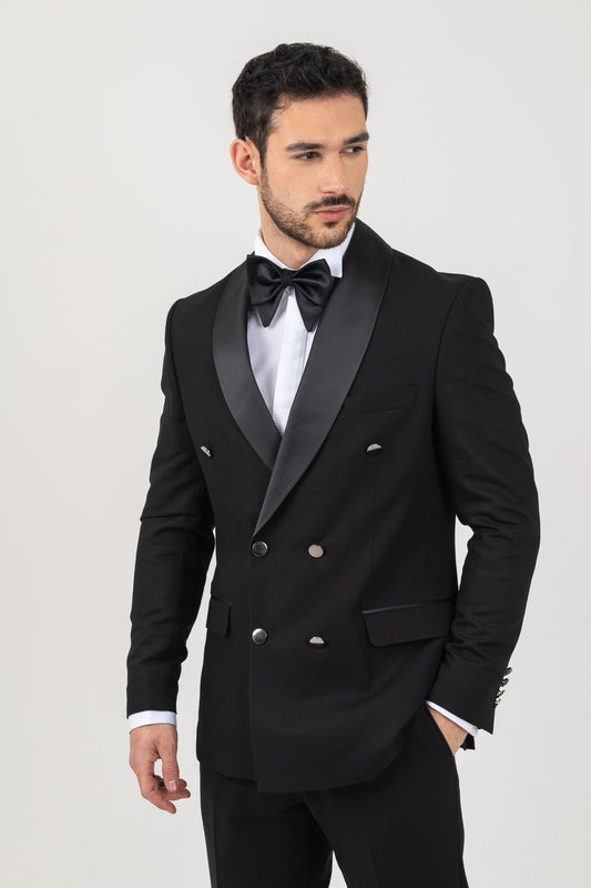 Complete Black 3 Piece Tuxedo with Silver Button Detailing