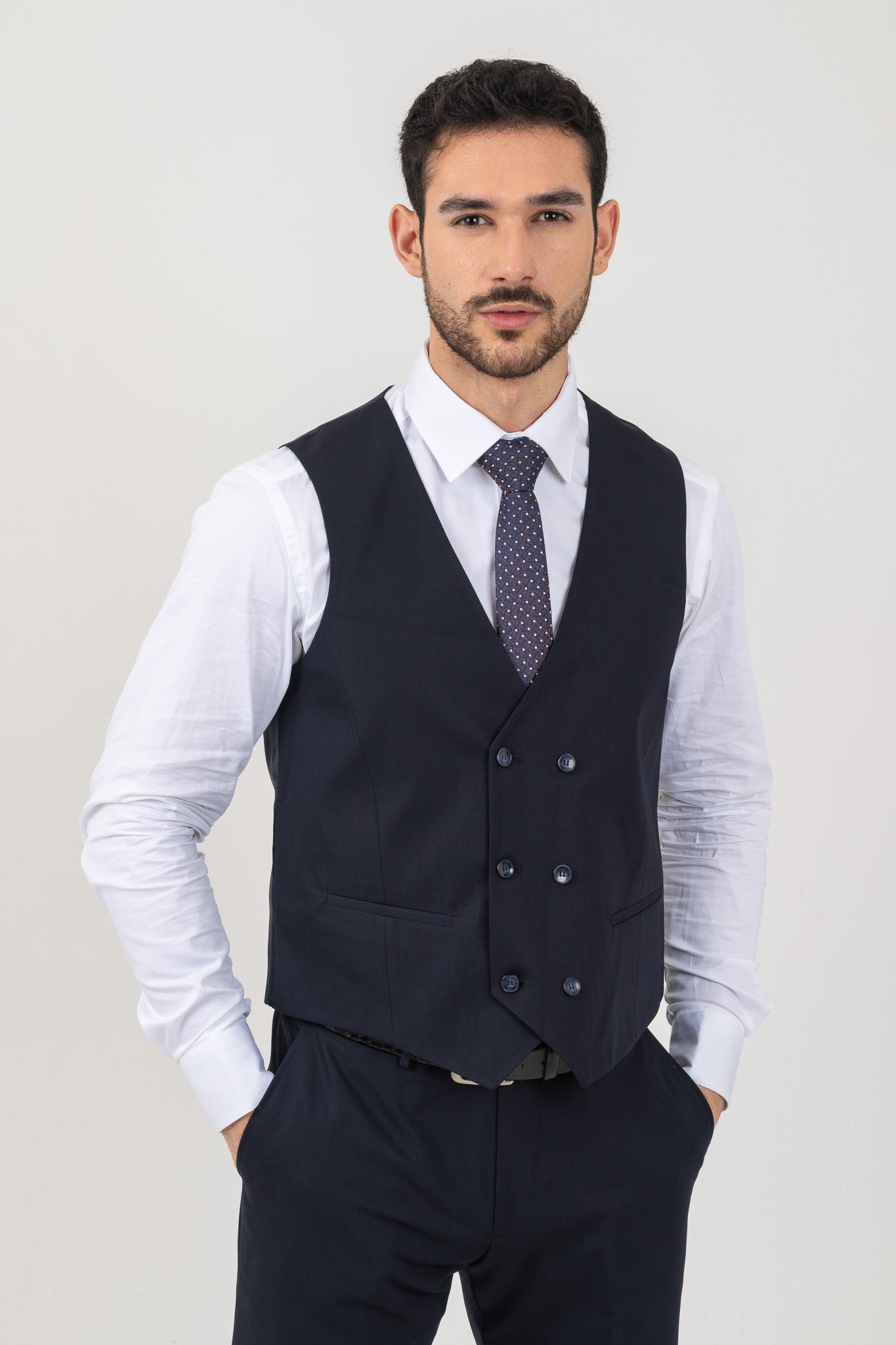 Detail of Italian Slim Cut on a Men's Classic Navy Tuxedo Suit