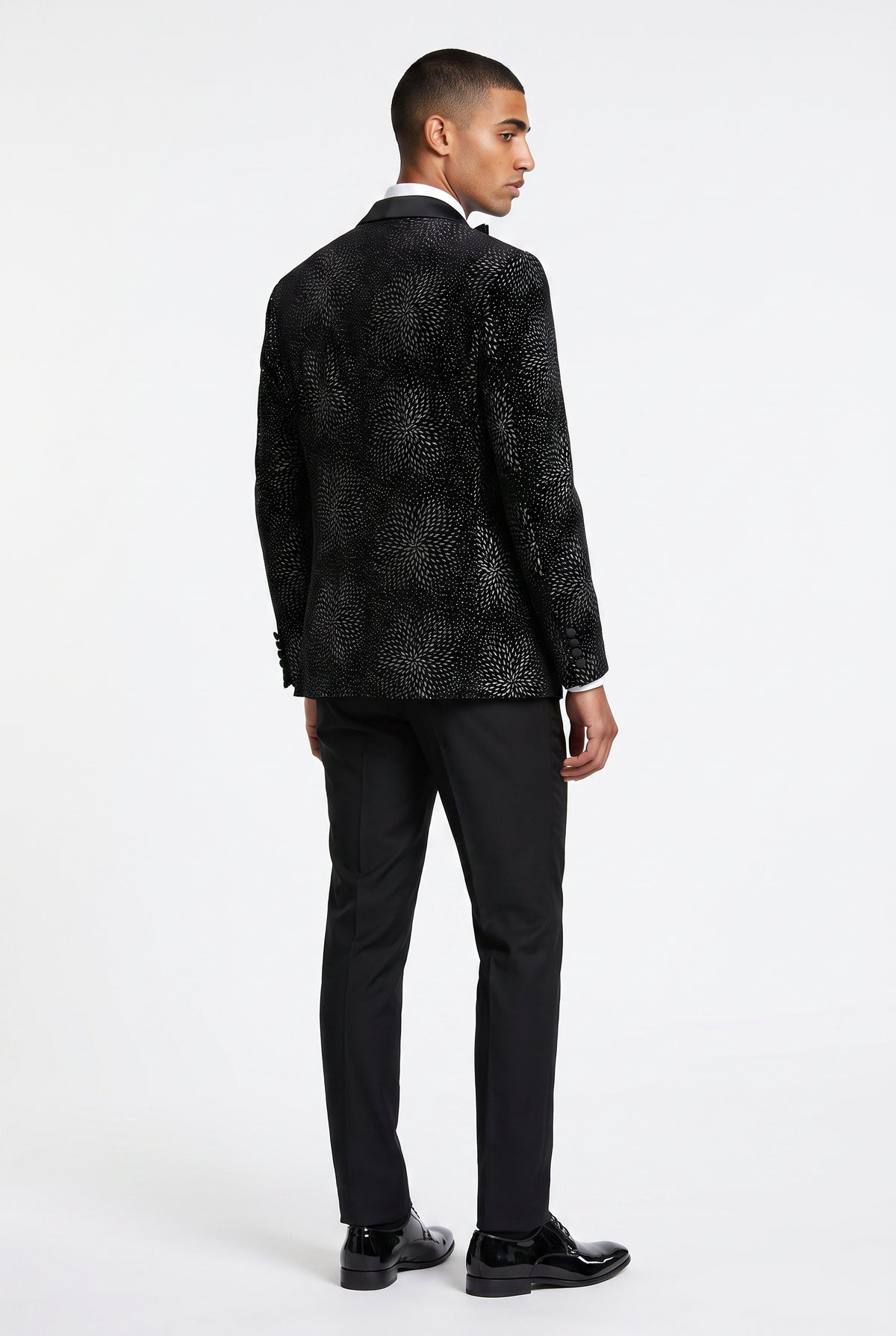 Back view of the silver starburst velvet tuxedo jacket