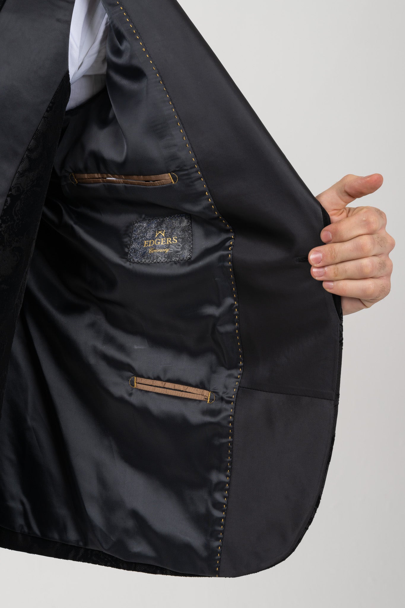 Complete Black Flower Patterned 4 Piece Tuxedo with One Button Closure.