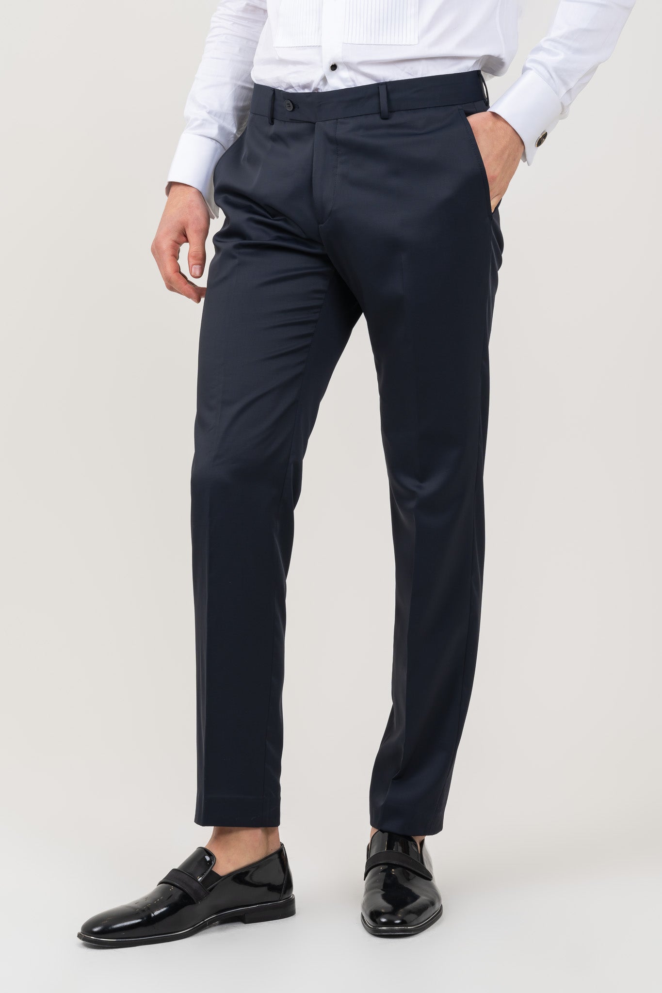 Groom Wedding Attire: Tailored Satin Trousers in Navy. Best Value.