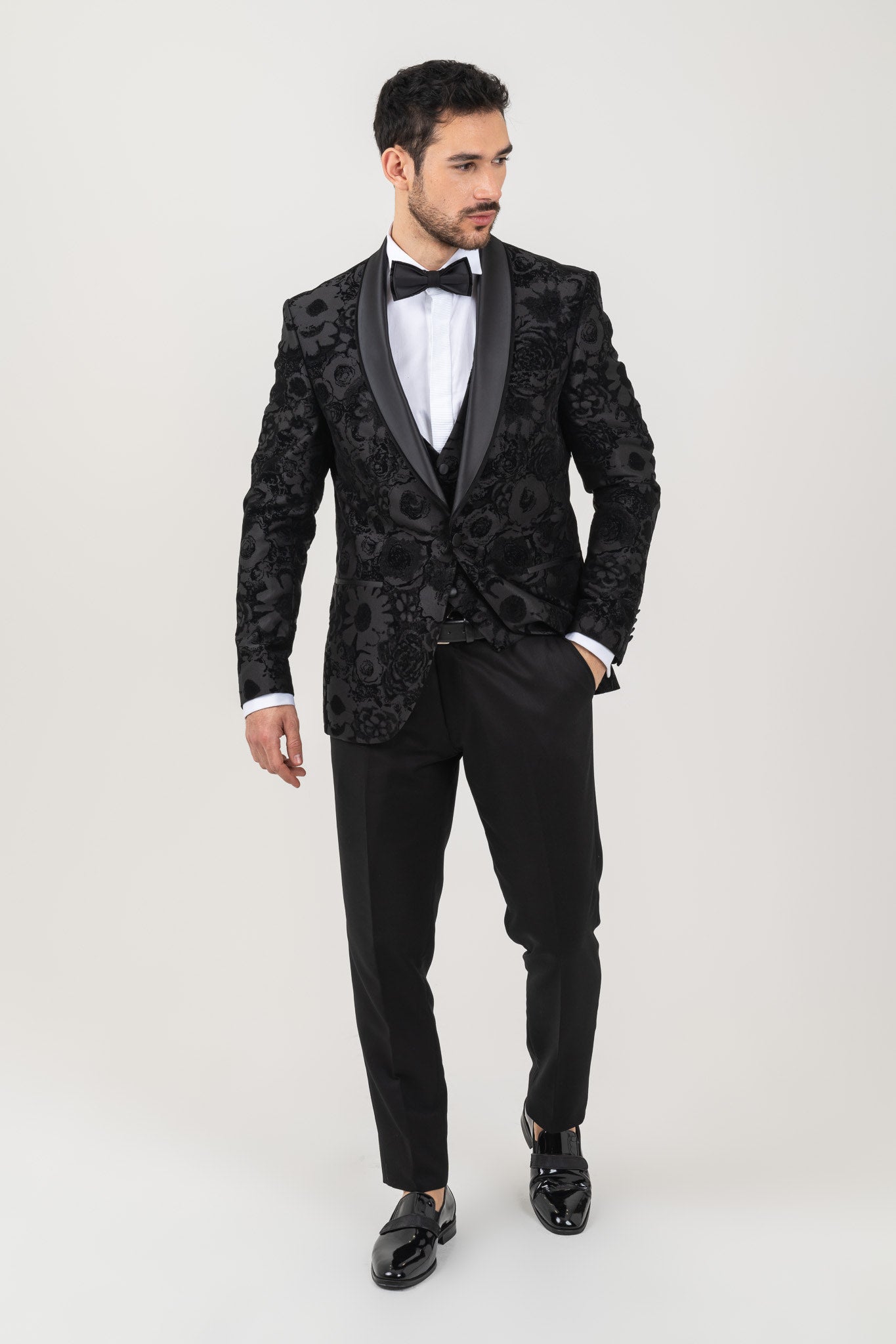Black Flower Patterned Tuxedo for Men with Shawl Lapel.