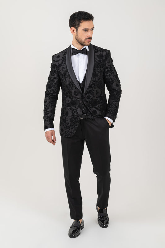 Black Flower Patterned Tuxedo for Men with Shawl Lapel.