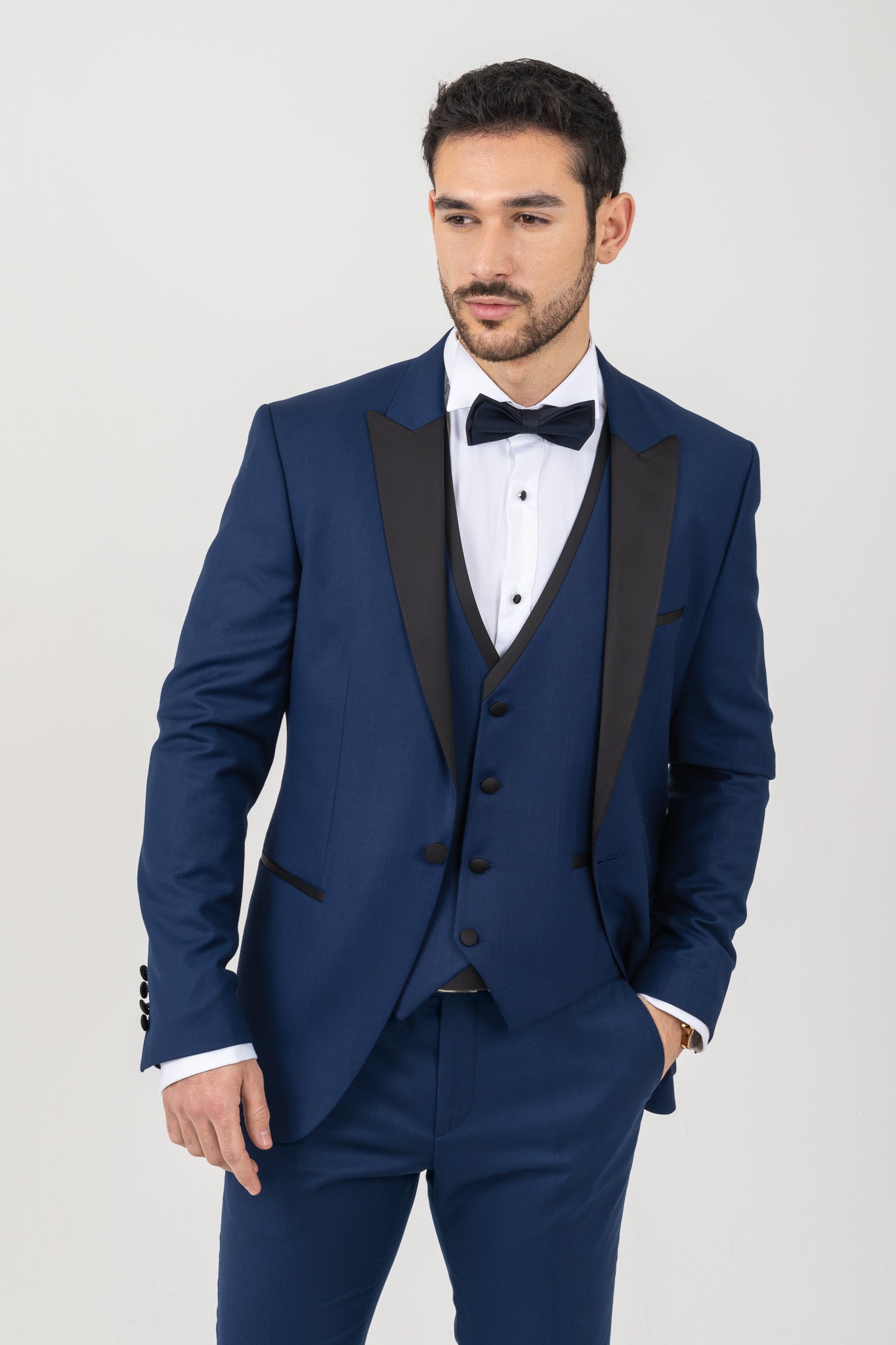 Blue Tuxedo Suit Featuring a Black Satin Lapel and 4 Piece Set