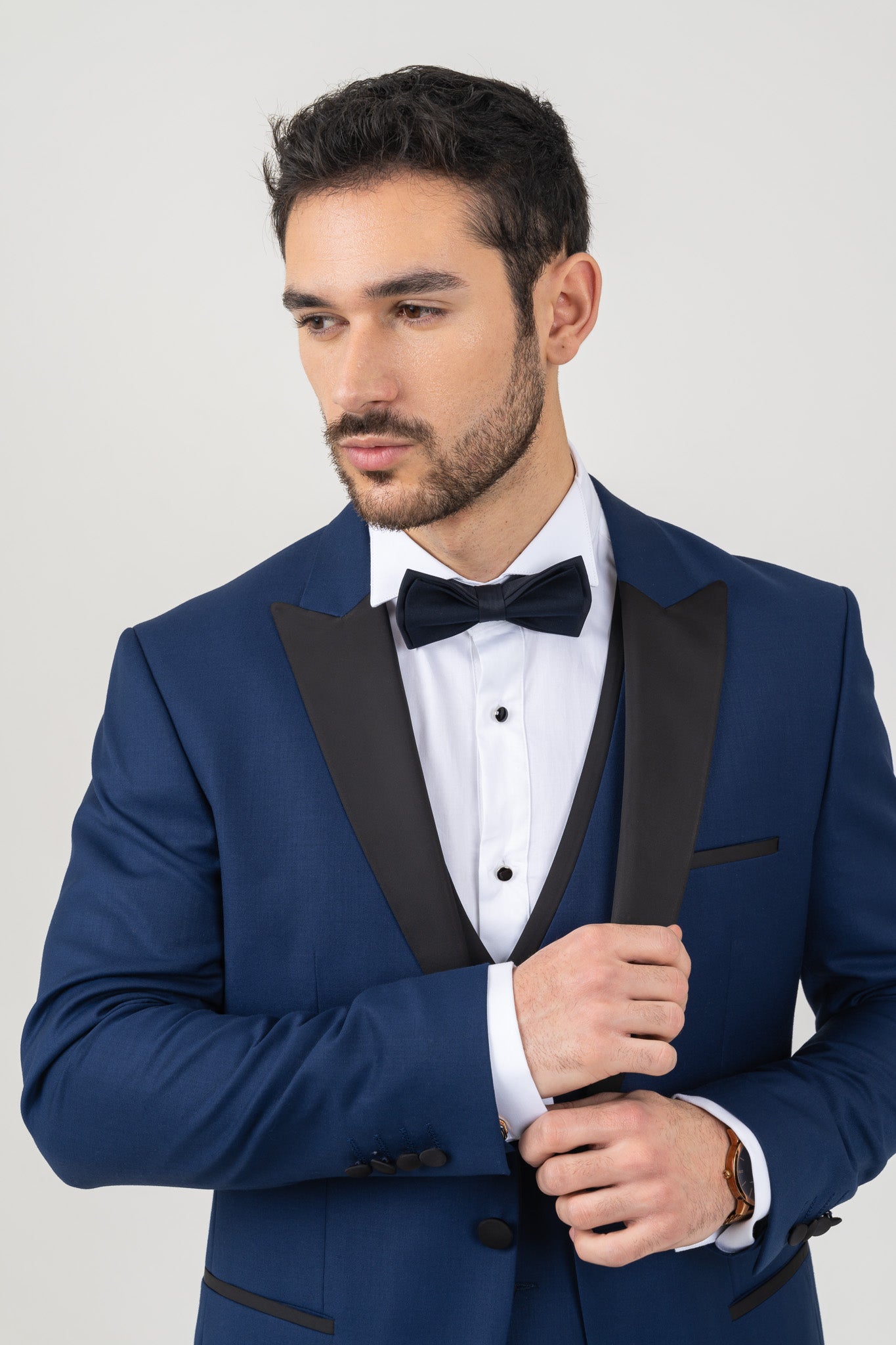 Complete 4 Piece Blue Tuxedo Suit with Black Satin Lapel