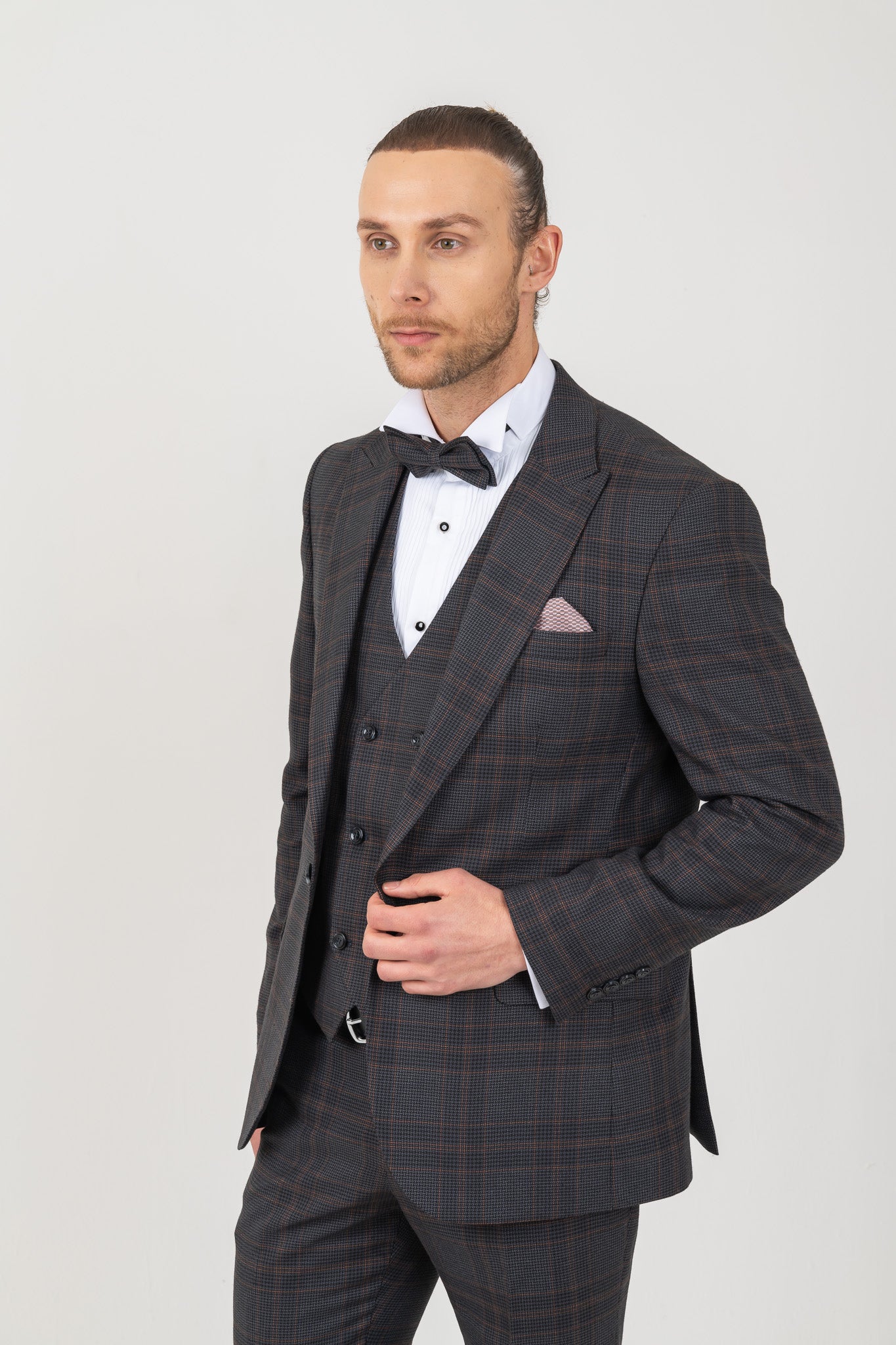 Dark Brown 4 piece suit with Checked Pattern