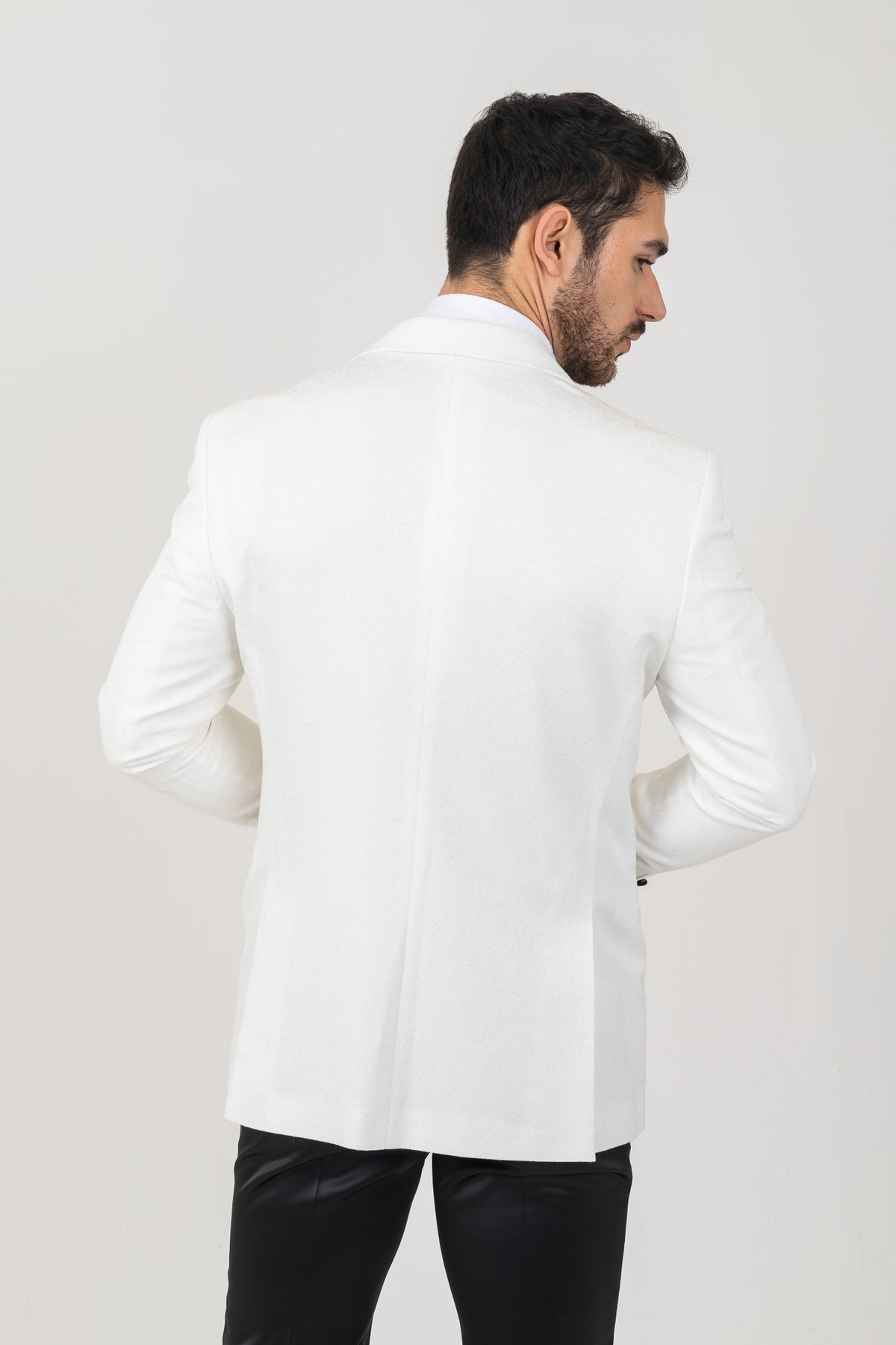 Mens White Tuxedo with a Self Patterned Jacket.