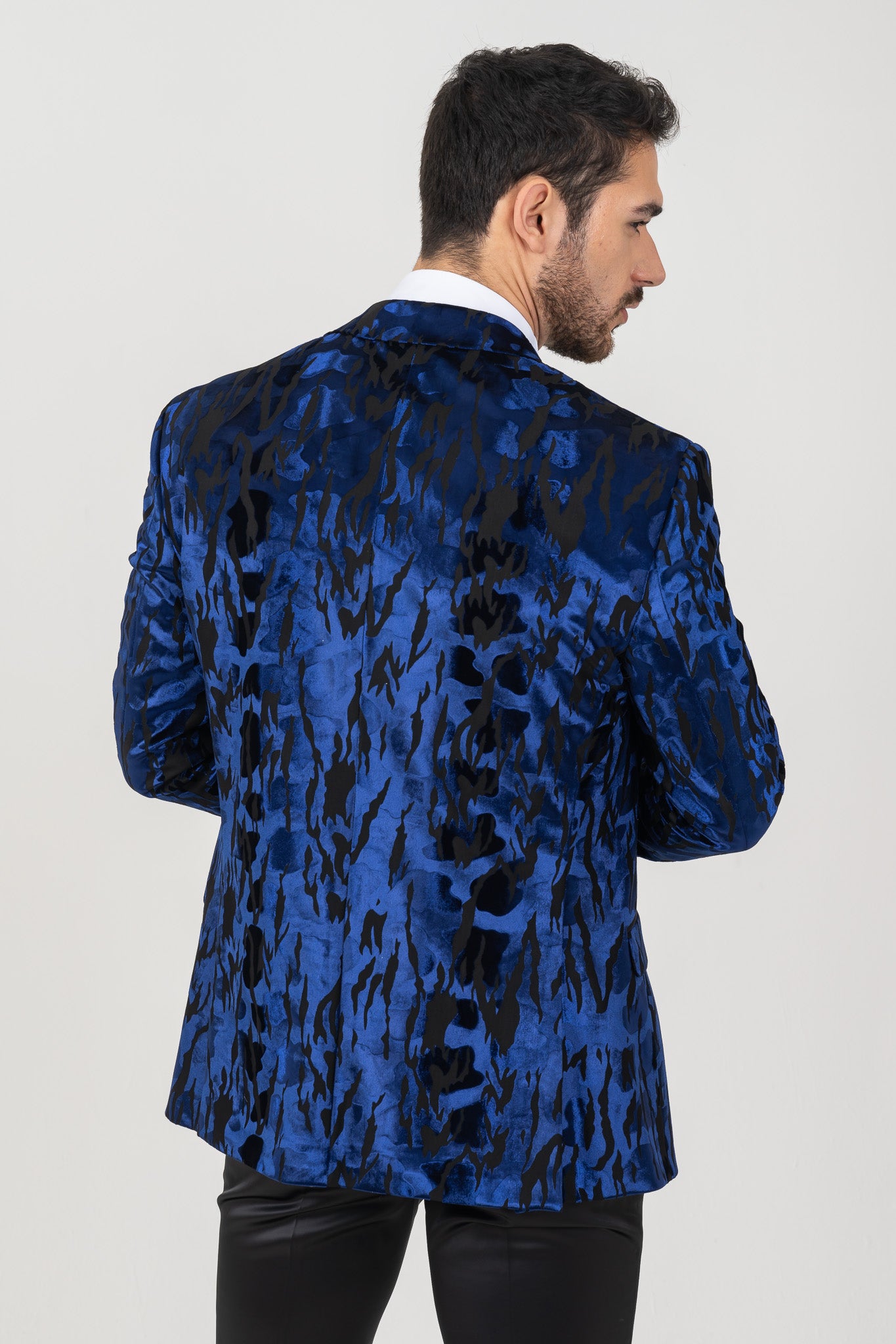 Formal blue pattern paisley velvet suit for weddings and special occasions