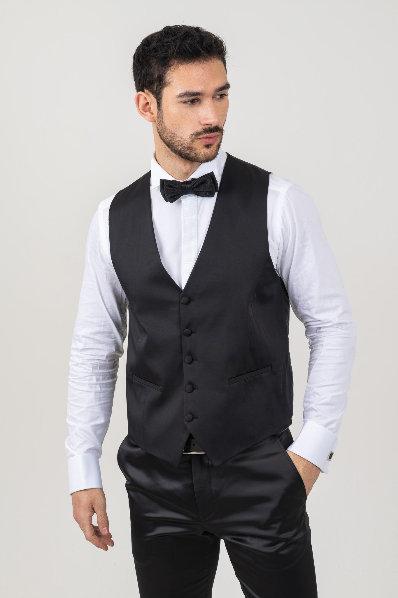 Stylish Satin Used in Men's Black Waist Coat.