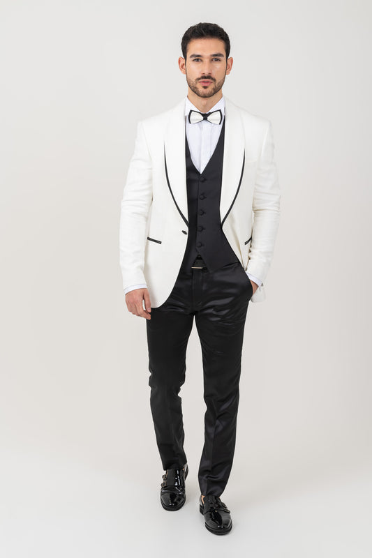 Detail of Self Patterned Jacket on a Men's White Suit.