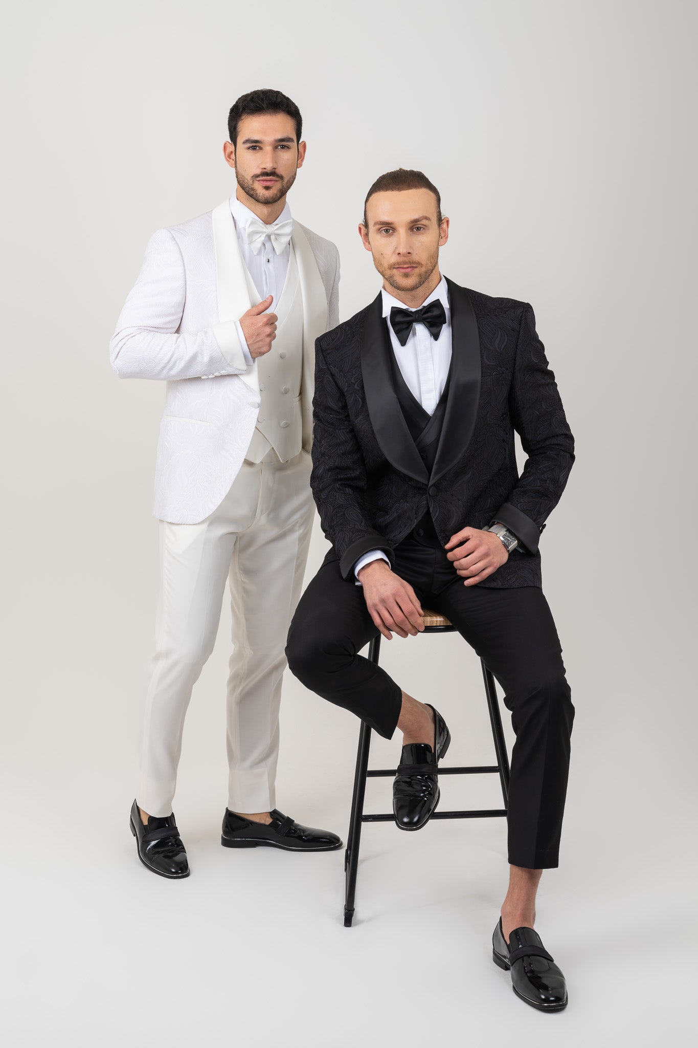 An eye-catching suit adorned with a vibrant pattern, adding a touch of sophistication and style.