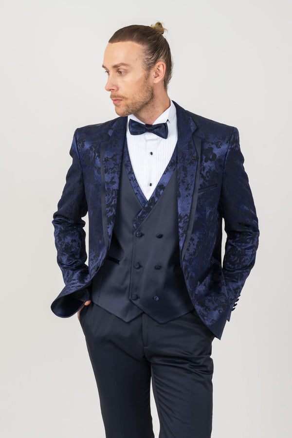 Navy Jacquard Double Peak Lapel Tuxedo Suit