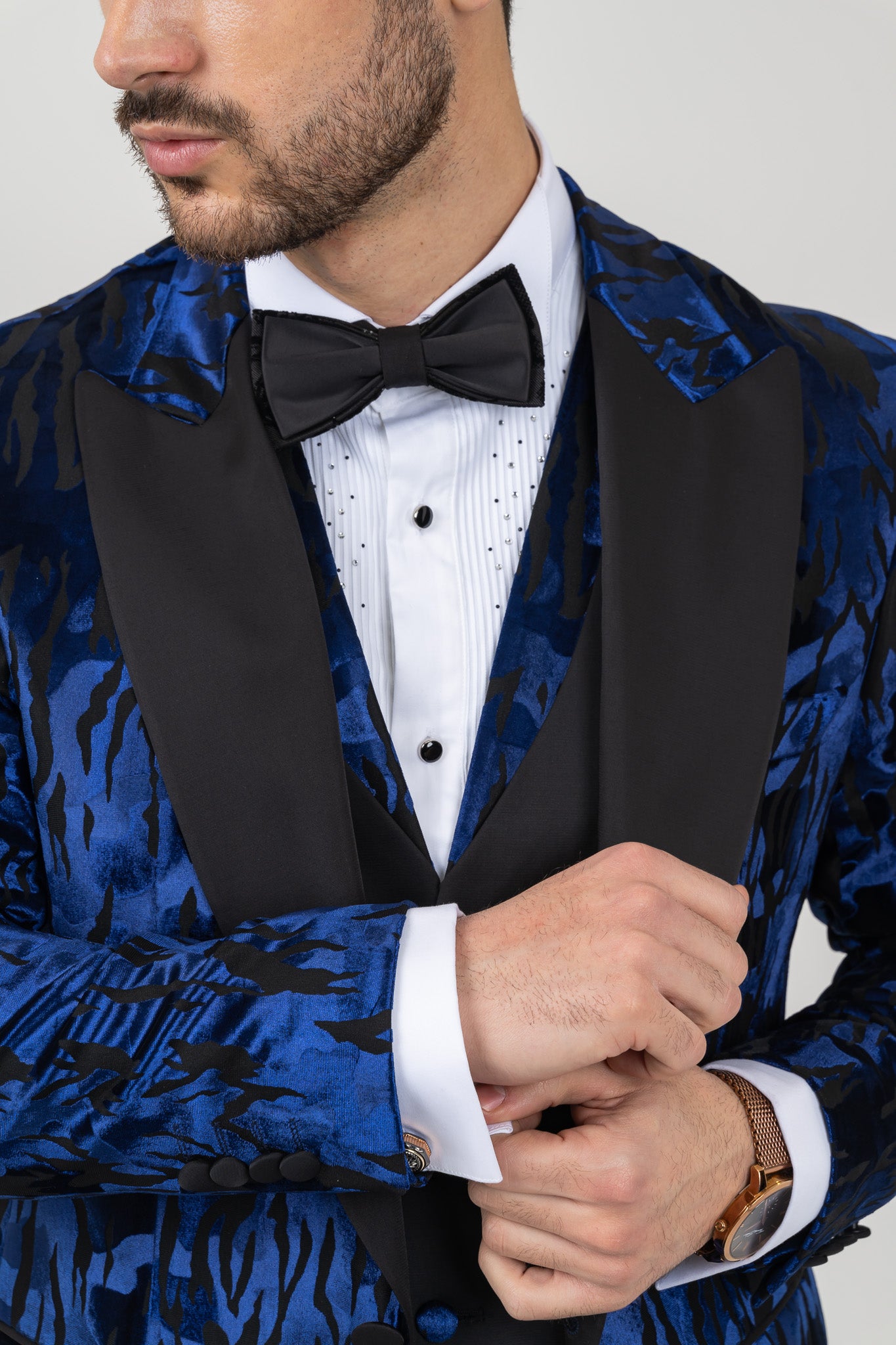 Blue velvet suit with a stylish wide peak satin lapel