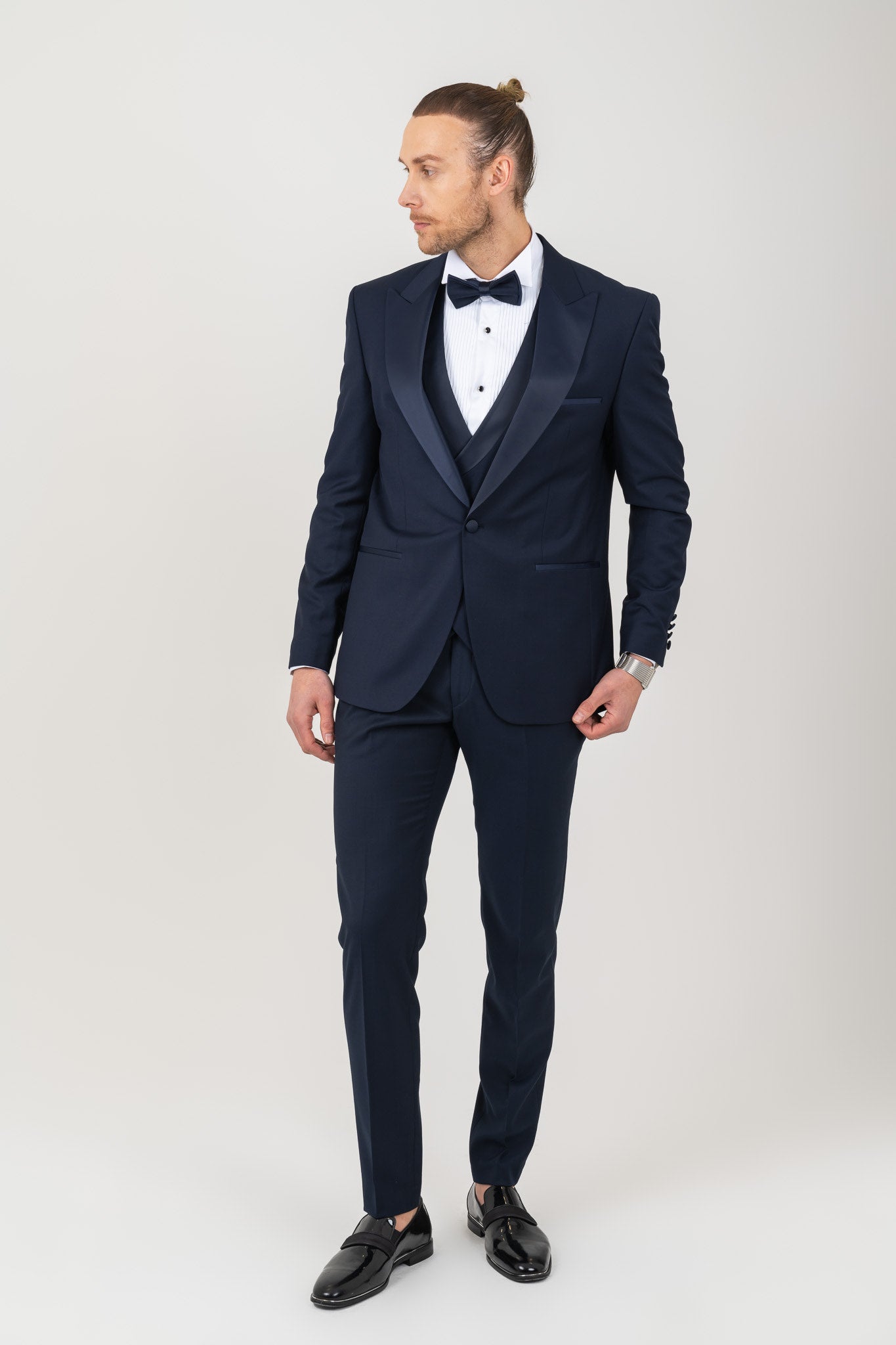Stylish Wide Peak Lapel on a Navy Tuxedo Suit