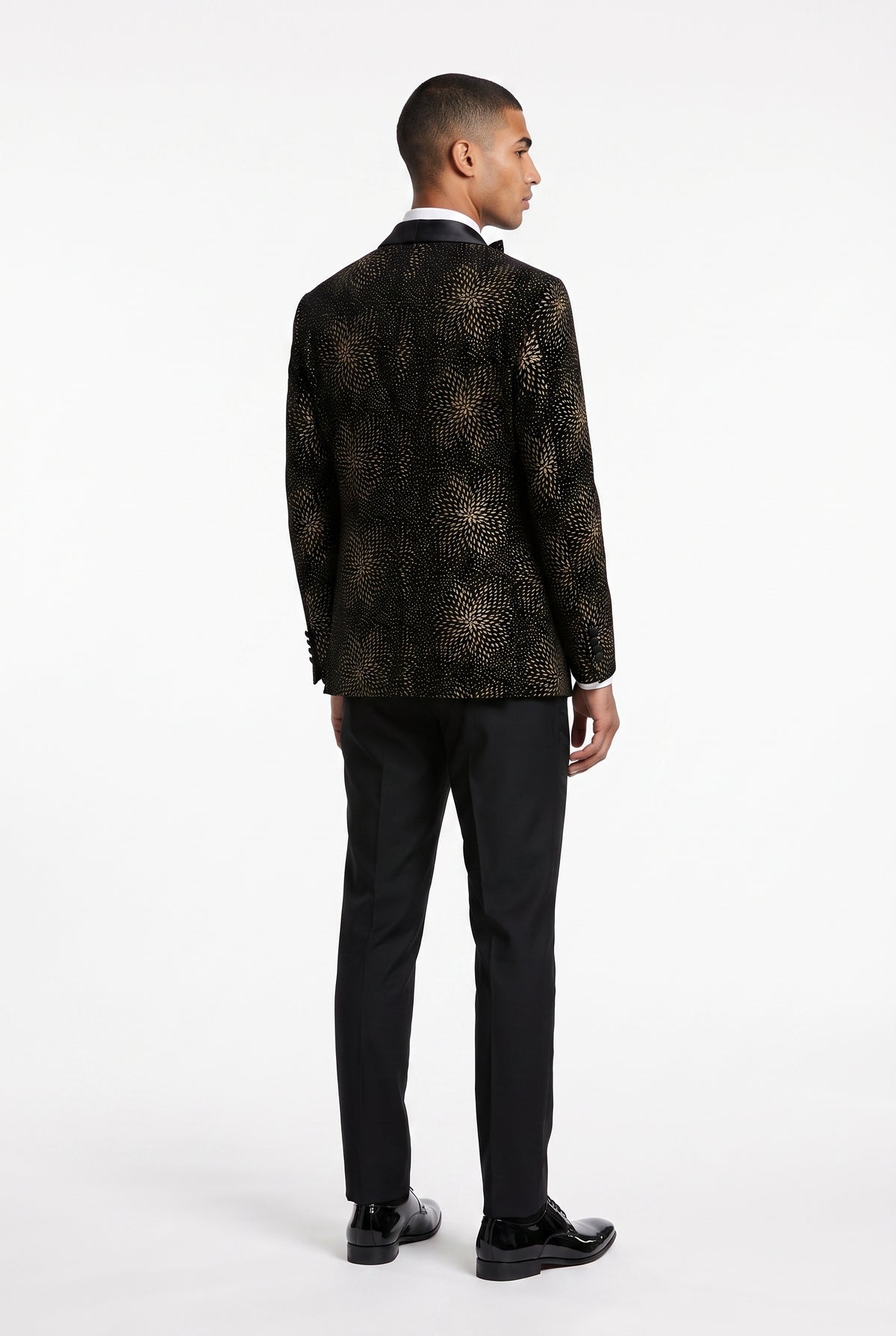 Back view of the gold starburst velvet tuxedo jacket