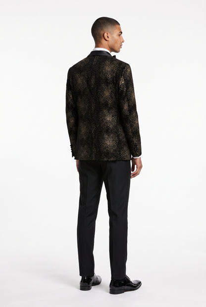 Back view of the gold starburst velvet tuxedo jacket