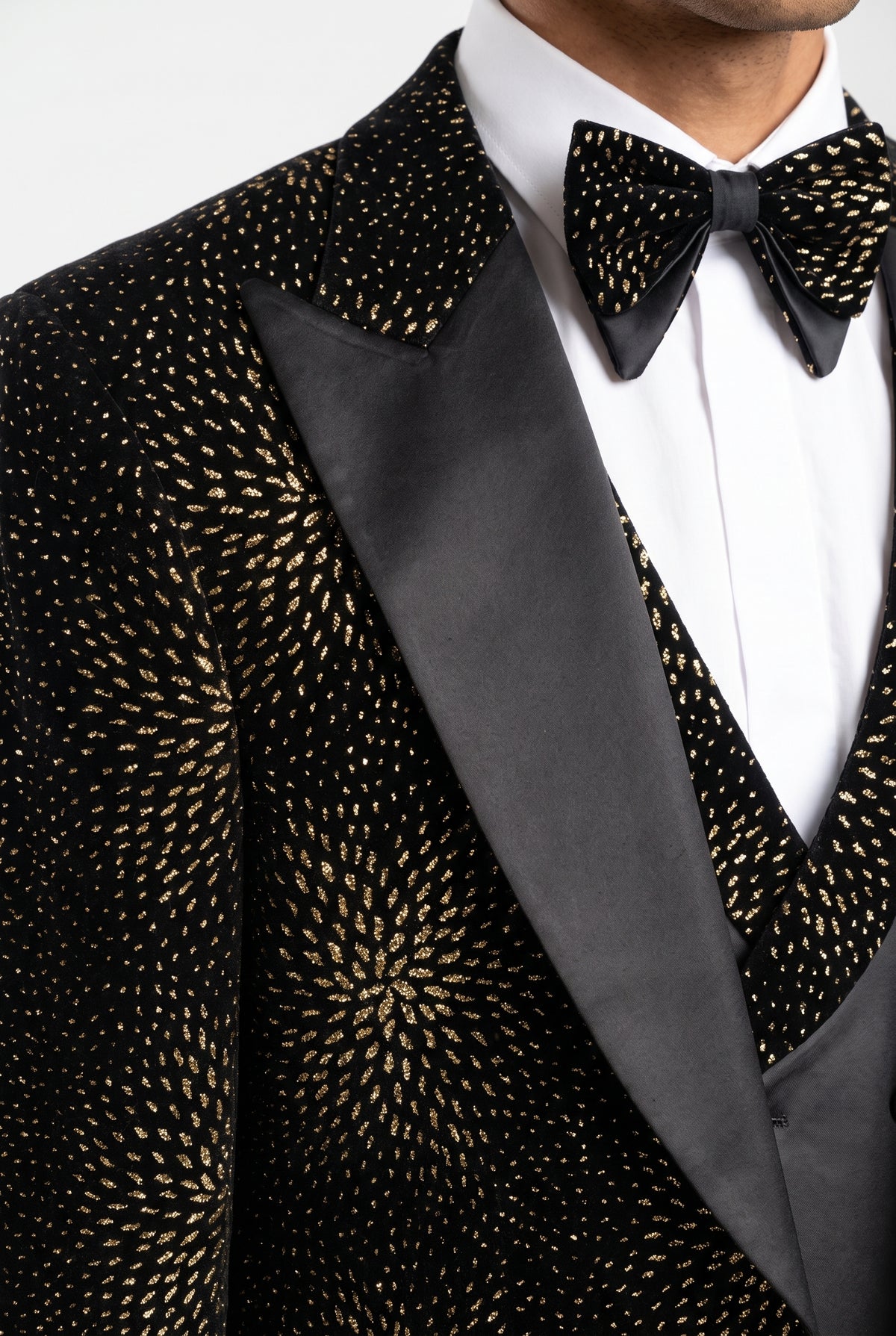 Close view of the wide satin peak lapel