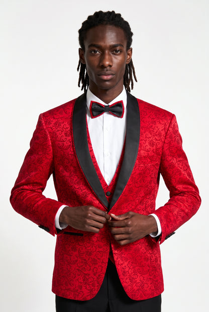 Half body view of the black satin cross-strap waistcoat on a red jacquard tuxedo