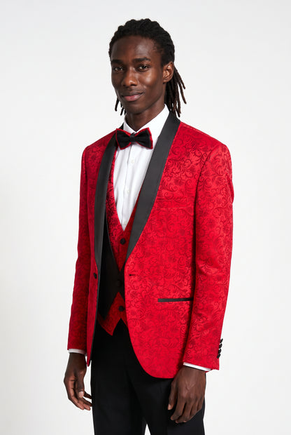 Close-up of the black satin shawl lapel on a red jacquard tuxedo jacket