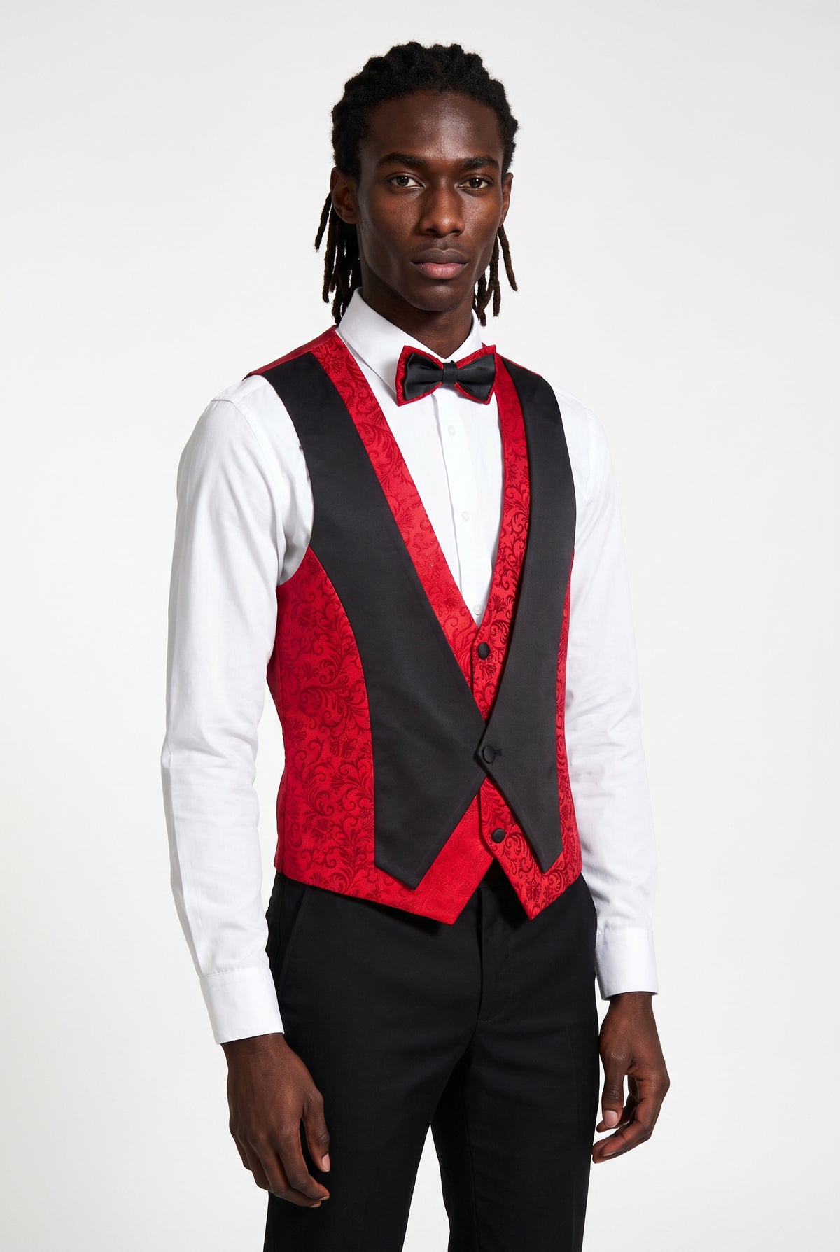 Close view of the black satin cross straps on the red jacquard waistcoat