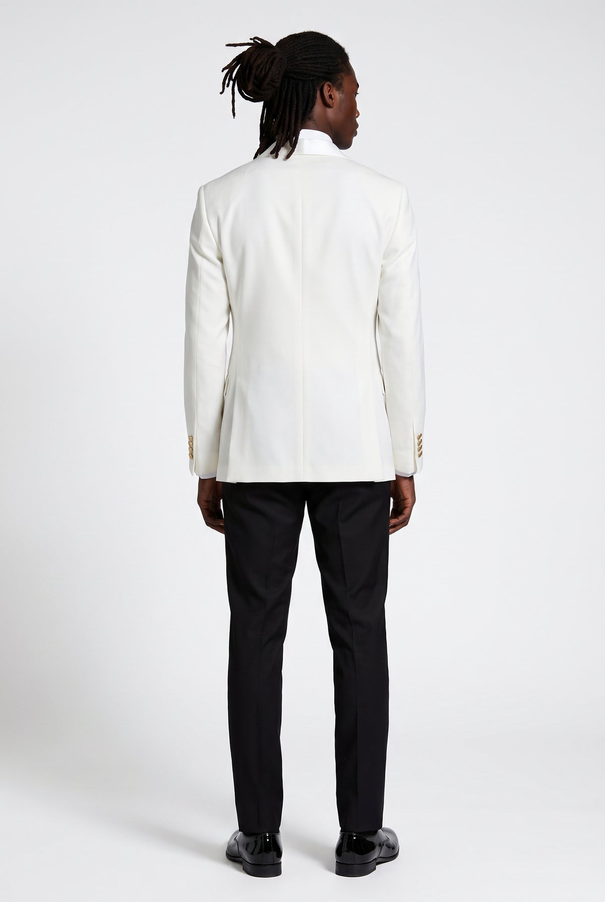 Back view of the white double breasted tuxedo jacket showing the fit through the shoulders