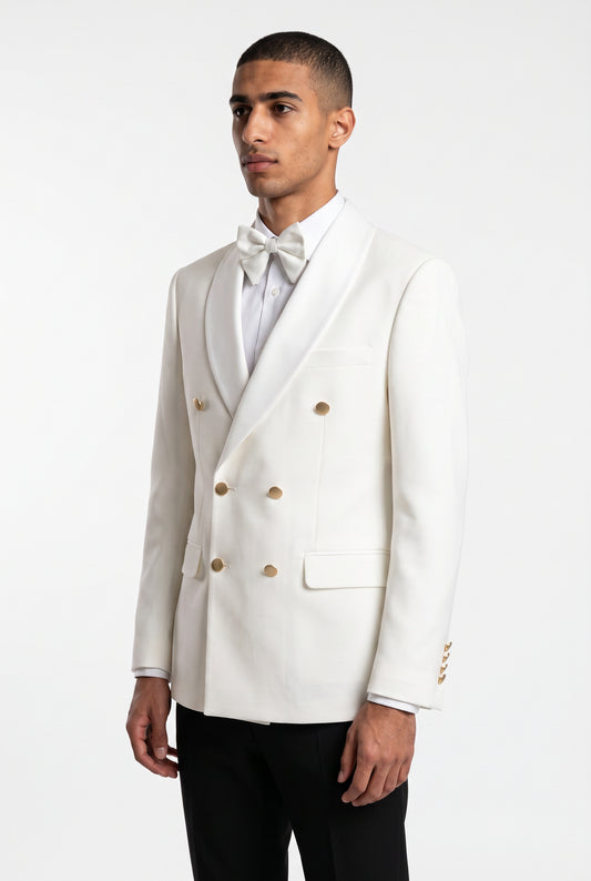 Close view of the gold buttons and satin shawl lapel on a white double breasted tuxedo jacket